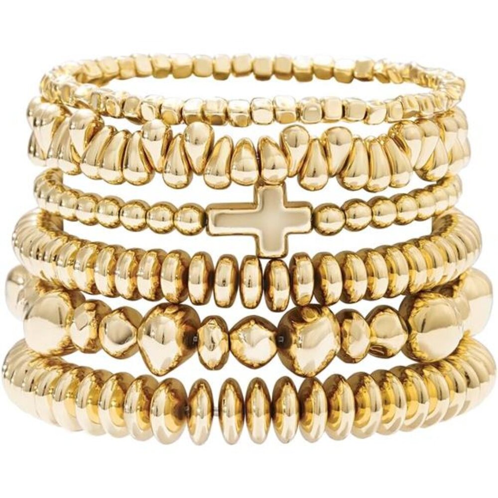 Surfer Heishi Clay Bead Bracelets for Women Bohemian Stackable Gold Cross Set